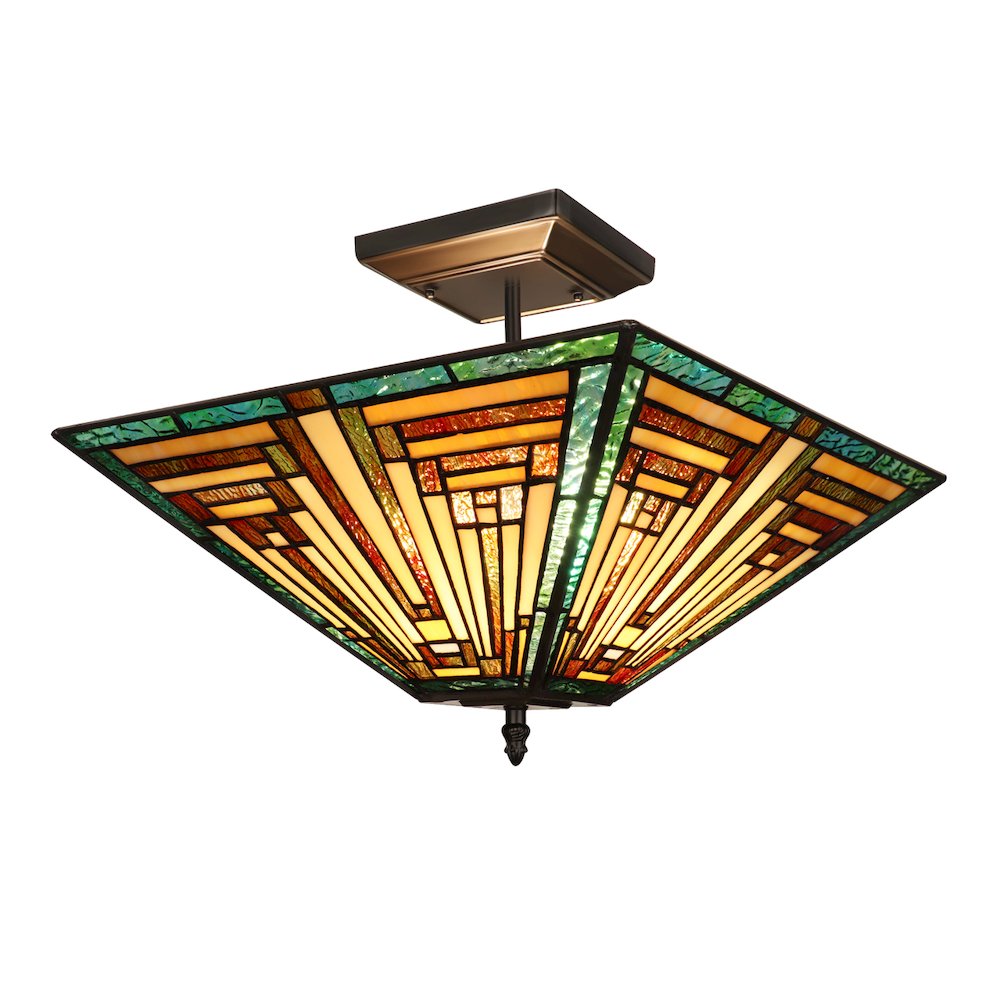 FIRMAN Tiffany-Style 2-Light Mission Semi-Flush Ceiling Fixture 14" Shade. Picture 1