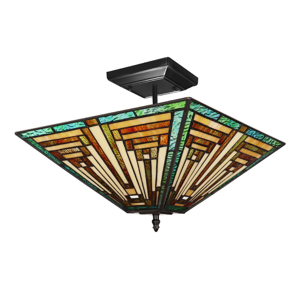 FIRMAN Tiffany-Style 2-Light Mission Semi-Flush Ceiling Fixture 14" Shade. Picture 2