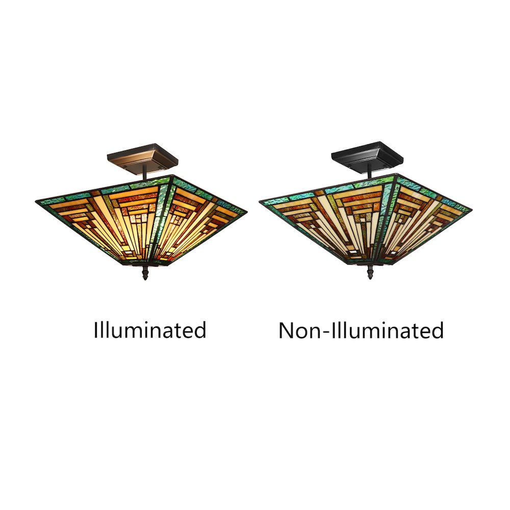 FIRMAN Tiffany-Style 2-Light Mission Semi-Flush Ceiling Fixture 14" Shade. Picture 4