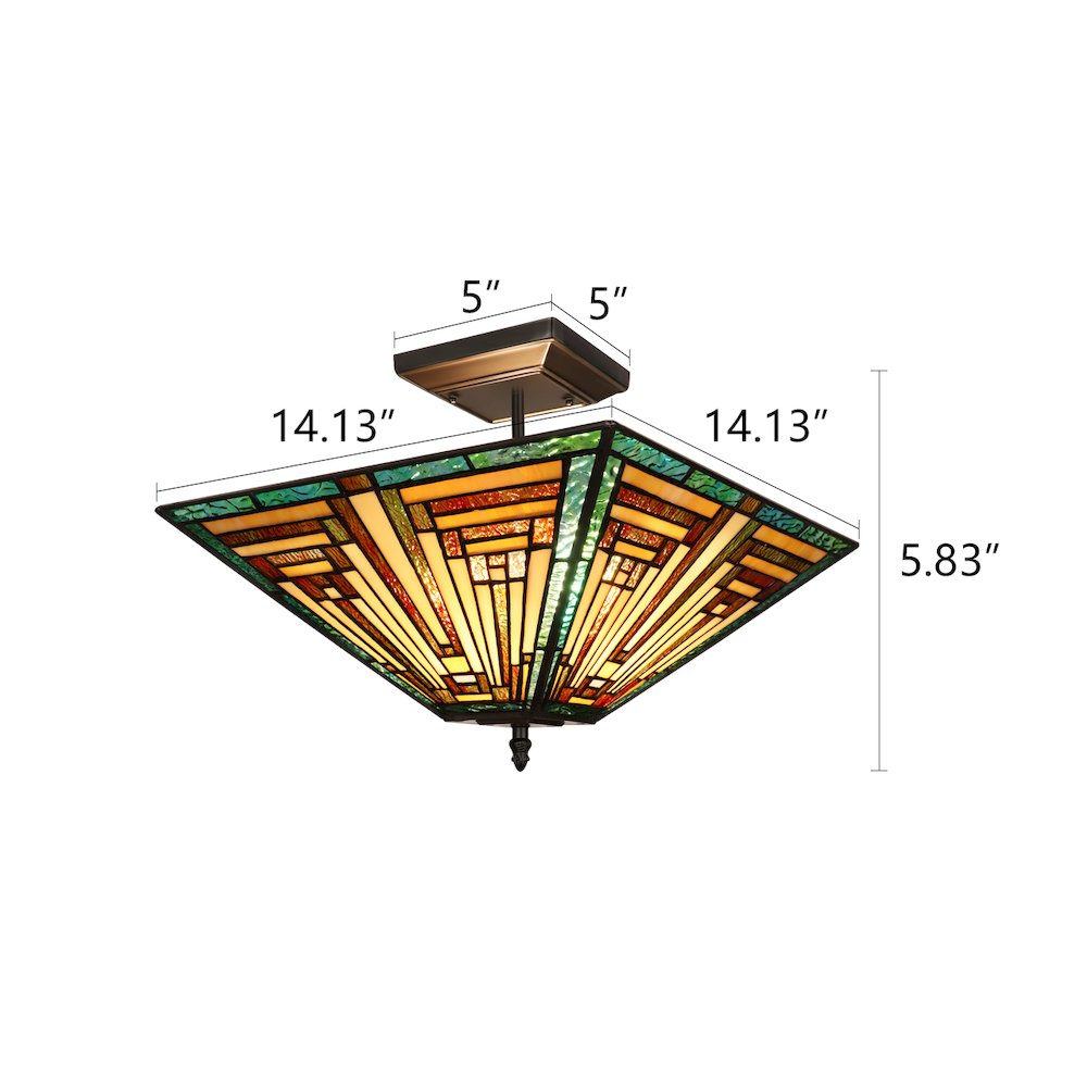 FIRMAN Tiffany-Style 2-Light Mission Semi-Flush Ceiling Fixture 14" Shade. Picture 6