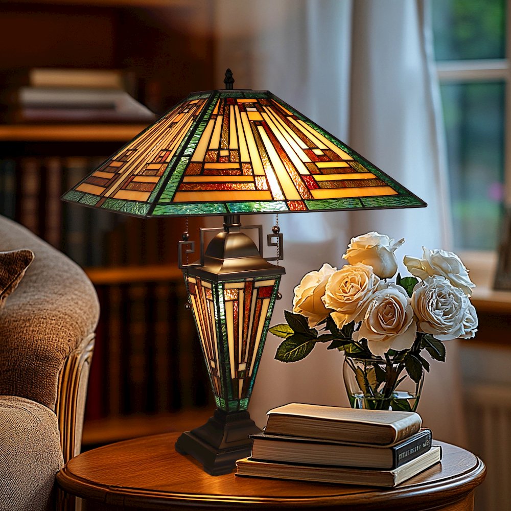 Firman Tiffany-Style 3-Light Mission Double Lit Table Lamp 16" Shade. Picture 5