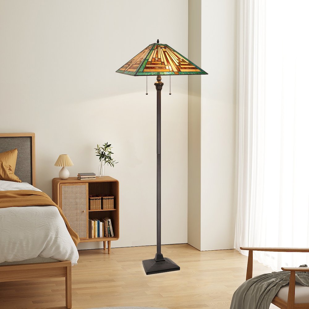 FIRMAN Tiffany-Style 2-Light Mission Floor Lamp 16" Shade. Picture 8
