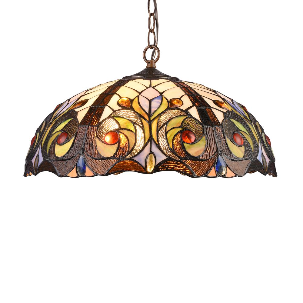 CHLOE Lighting LENNON Tiffany-style Dark Bronze 2 Light Victorian Ceiling Pendant Fixture 18" Shade. Picture 1