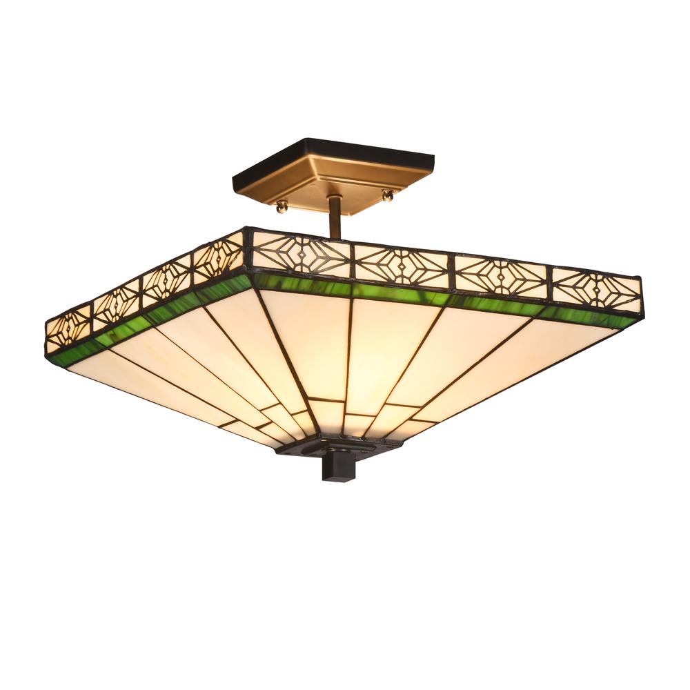 THEROS Tiffany-style 2 Light Mission Semi-flush Ceiling Fixture 14" Shade. Picture 3
