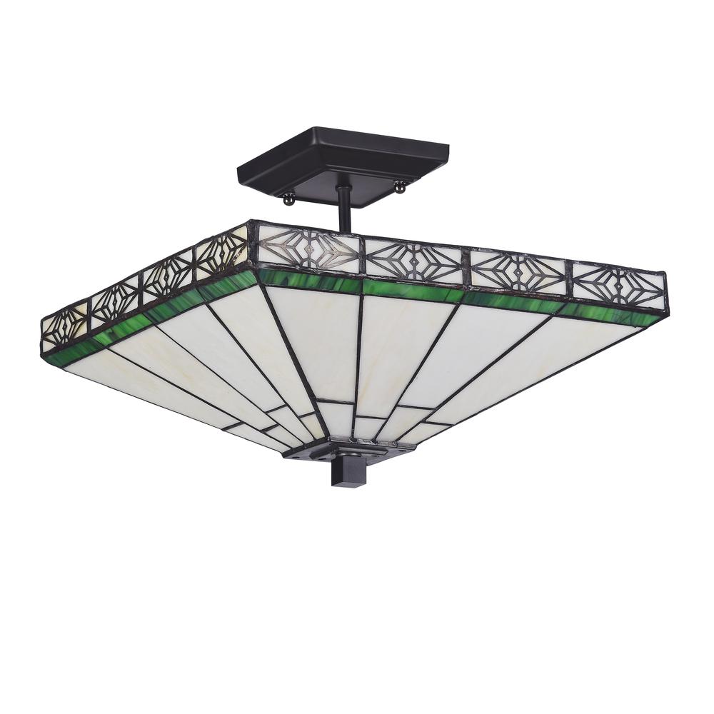 THEROS Tiffany-style 2 Light Mission Semi-flush Ceiling Fixture 14" Shade. Picture 2
