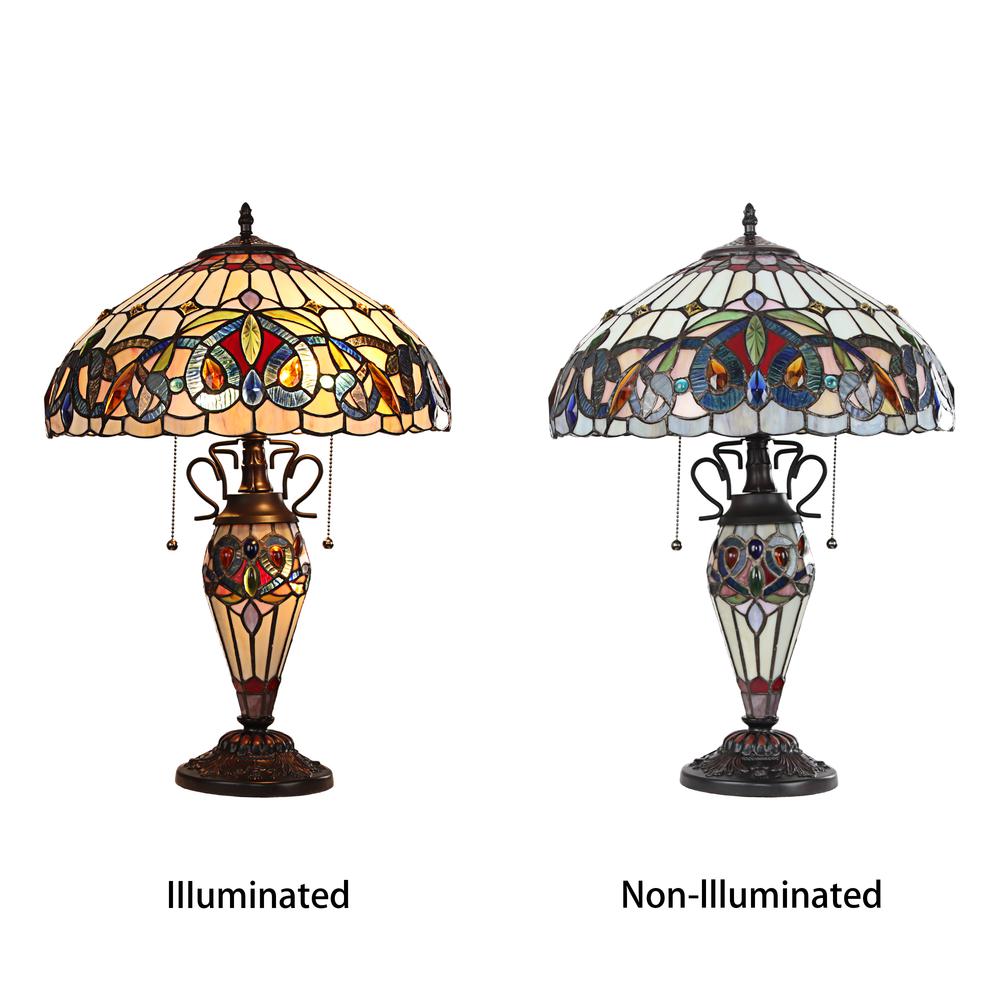 CHLOE Lighting SERENITY Victorian Tiffany-style Dark Bronze 3 Light Double Lit Table Lamp 16" Wide. Picture 5