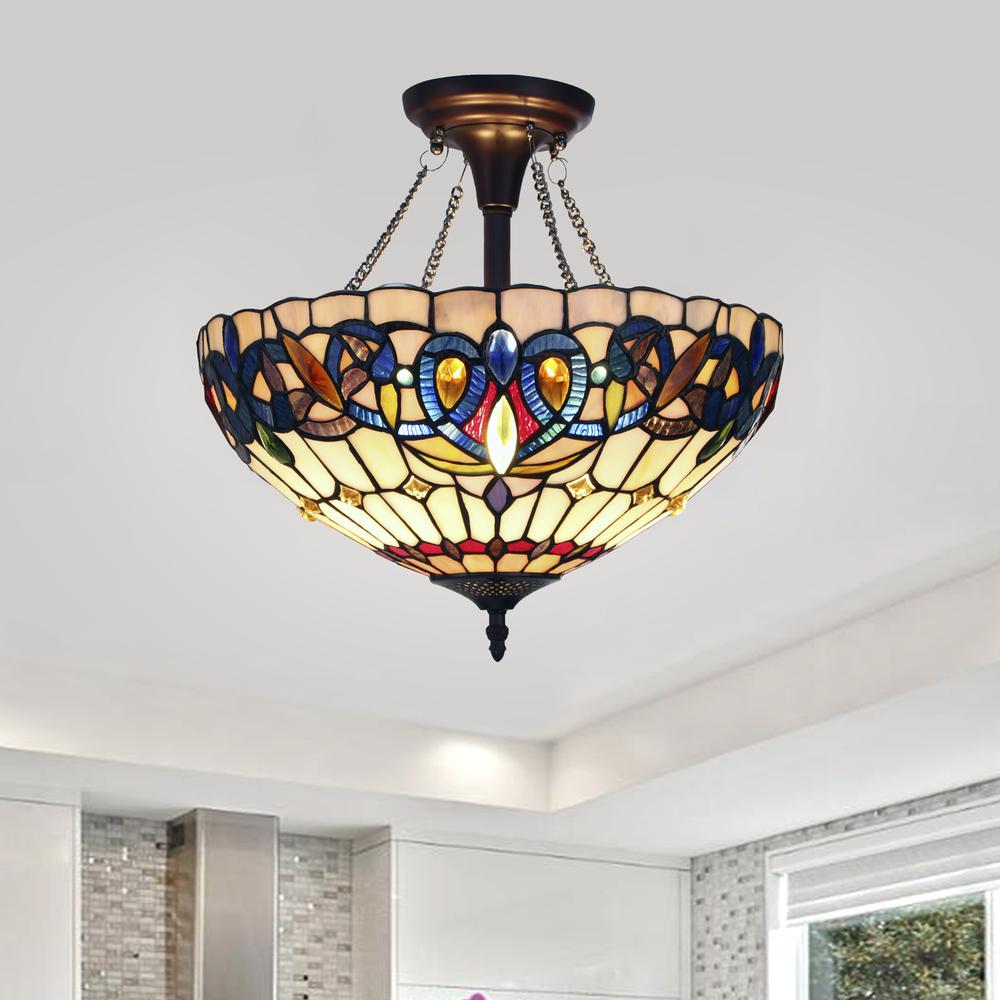 CHLOE Lighting SERENITY Tiffany-style Dark Bronze 2 Light Semi-Flush 16" Wide. Picture 4