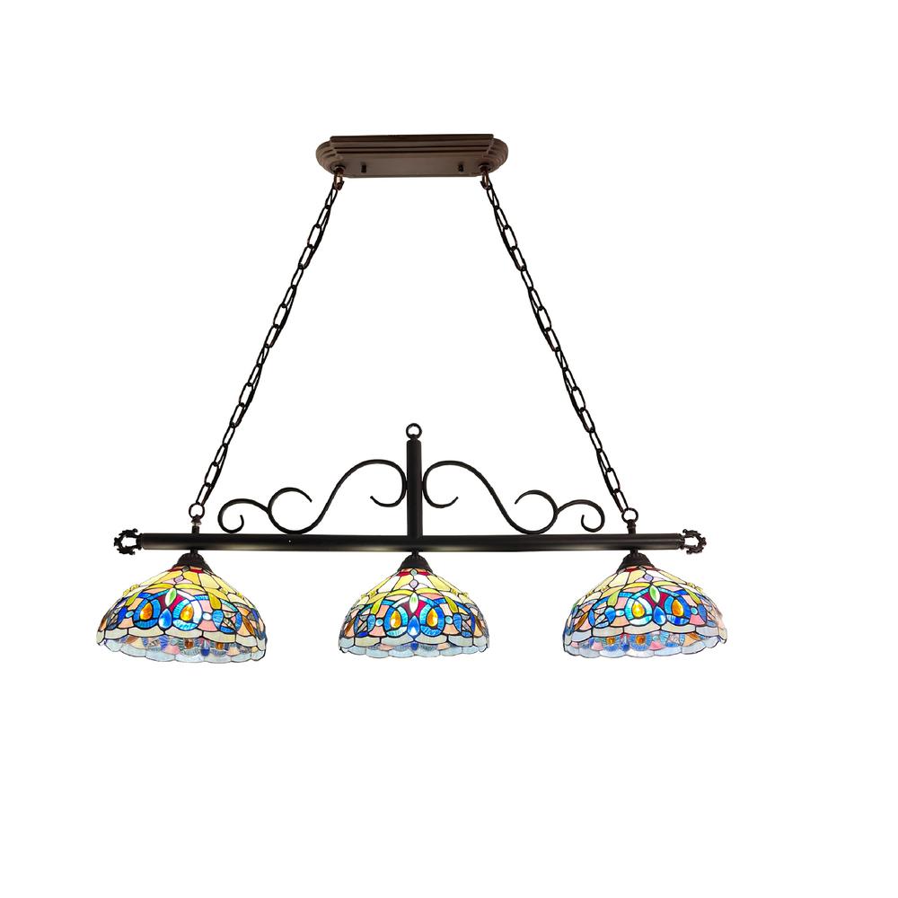 CHLOE Lighting SERENITY Victorian Tiffany-Style Dark Bronze 3 Light Island Pendant 45" Wide. Picture 1