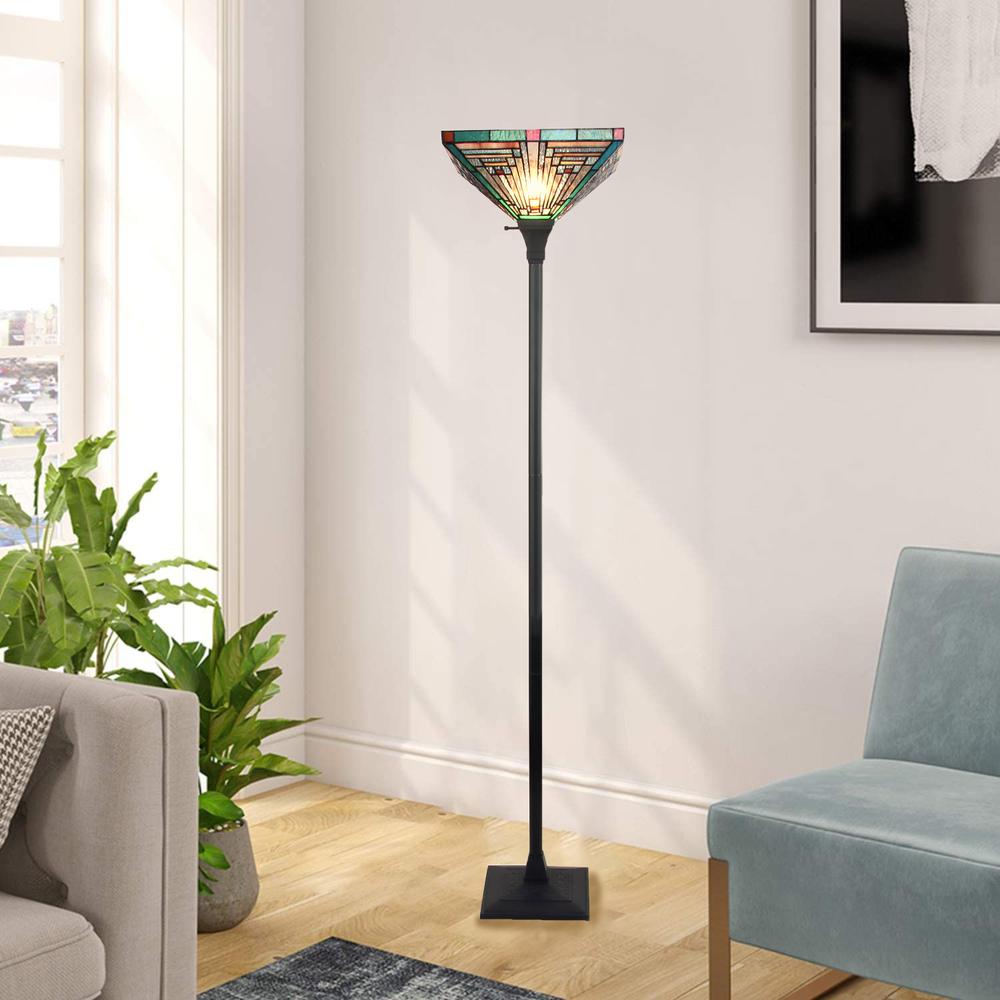 INNES Mission Tiffany-style Blackish Bronze 1 Light Torchiere Lamp 14" Wide. Picture 8