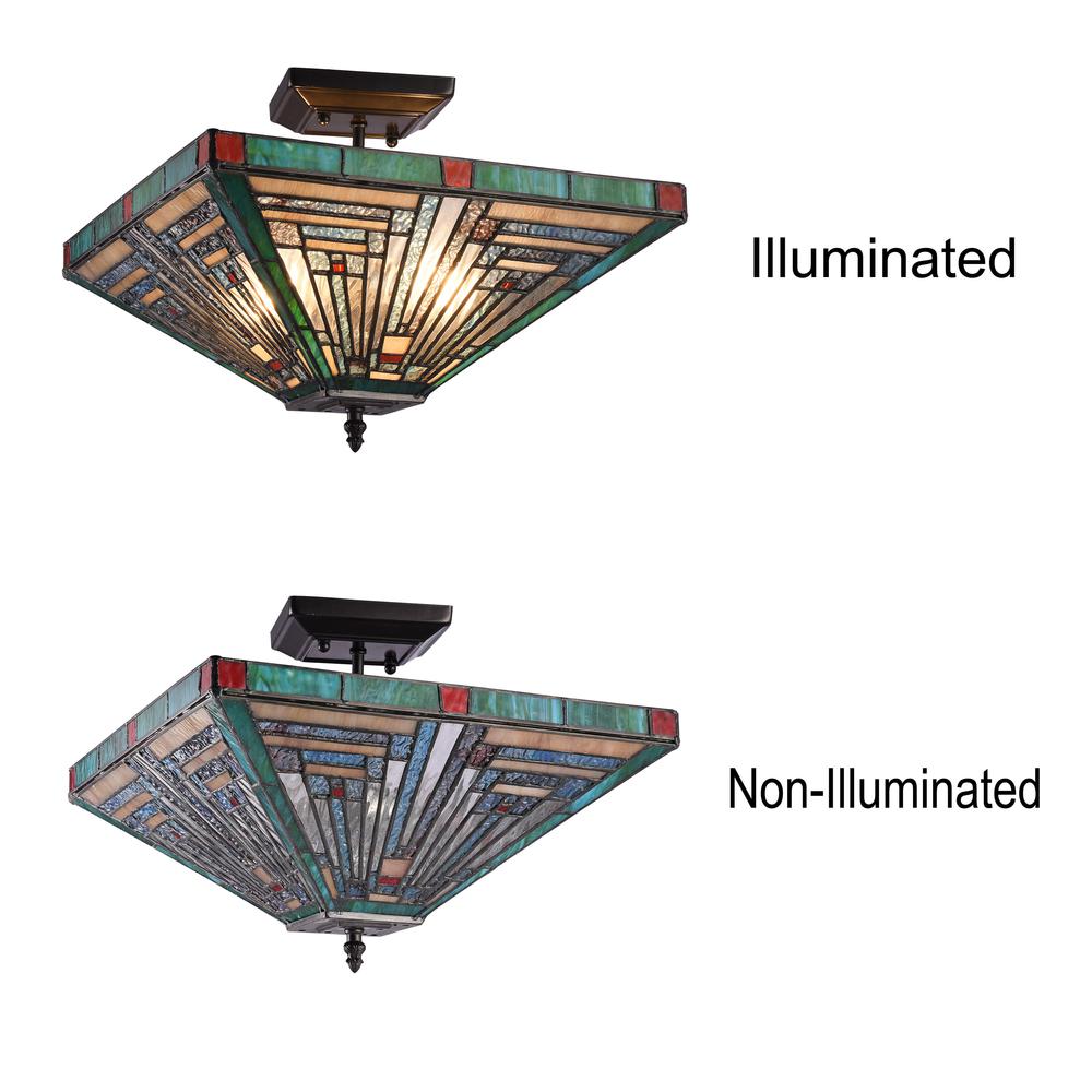 CHLOE Lighting INNES Tiffany-style Blackish Bronze 2 Light Mission Ceiling Fixture 14" Wide. Picture 3