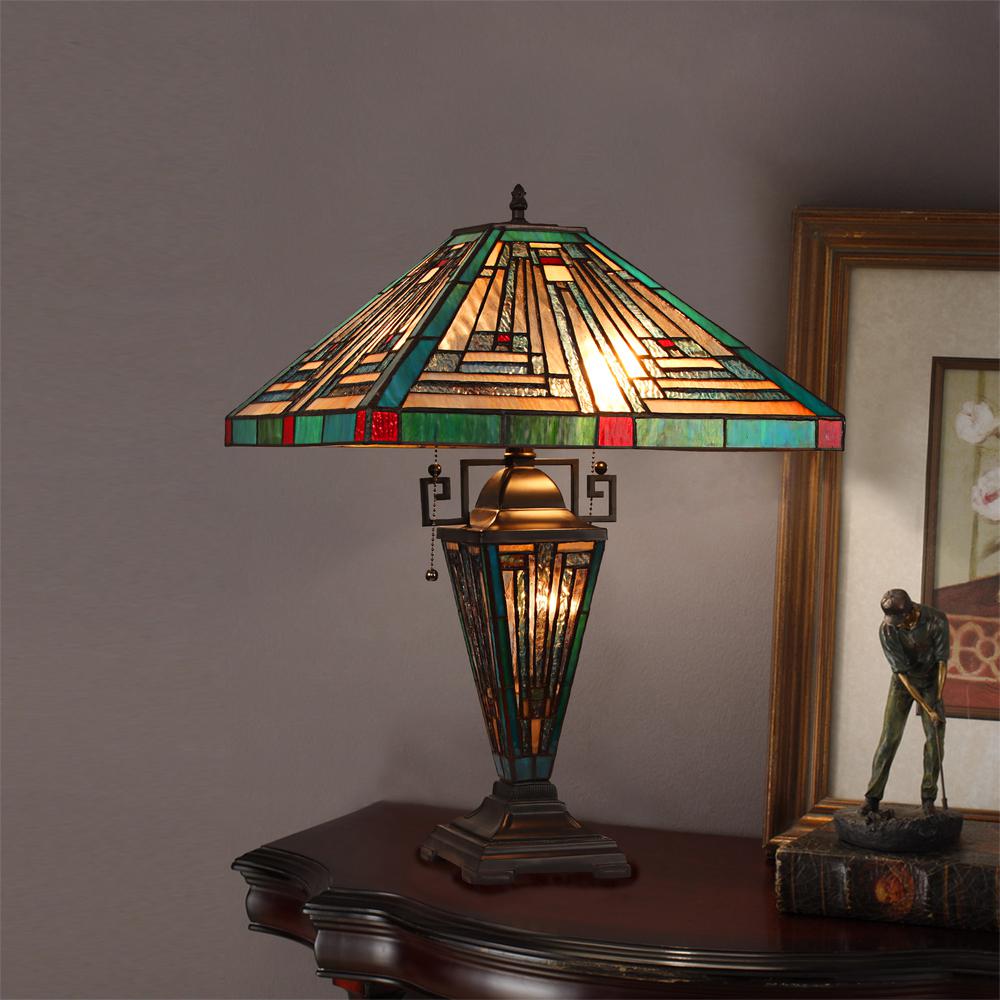 CHLOE Lighting INNES Mission Tiffany-style Blackish Bronze 3 Light Double Lit Table Lamp 16" Wide. Picture 5