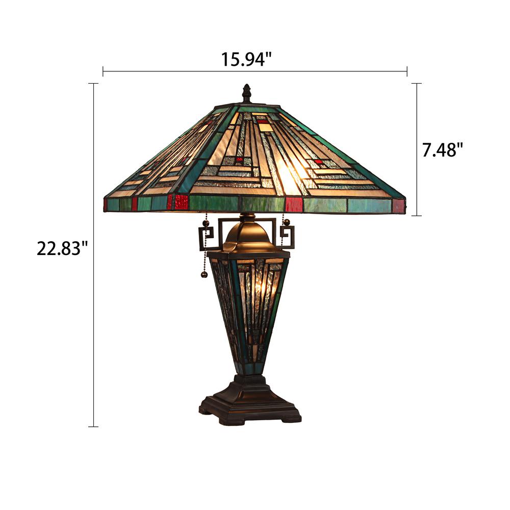 CHLOE Lighting INNES Mission Tiffany-style Blackish Bronze 3 Light Double Lit Table Lamp 16" Wide. Picture 6