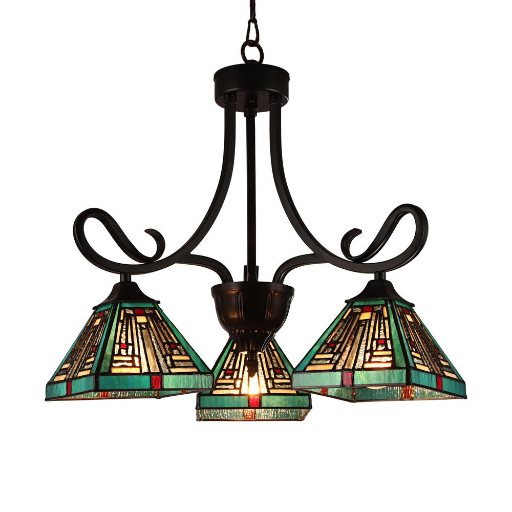 CHLOE Lighting INNES Mission Tiffany-style Blackish Bronze 3 Light Mini Chandelier 22" Wide. Picture 2