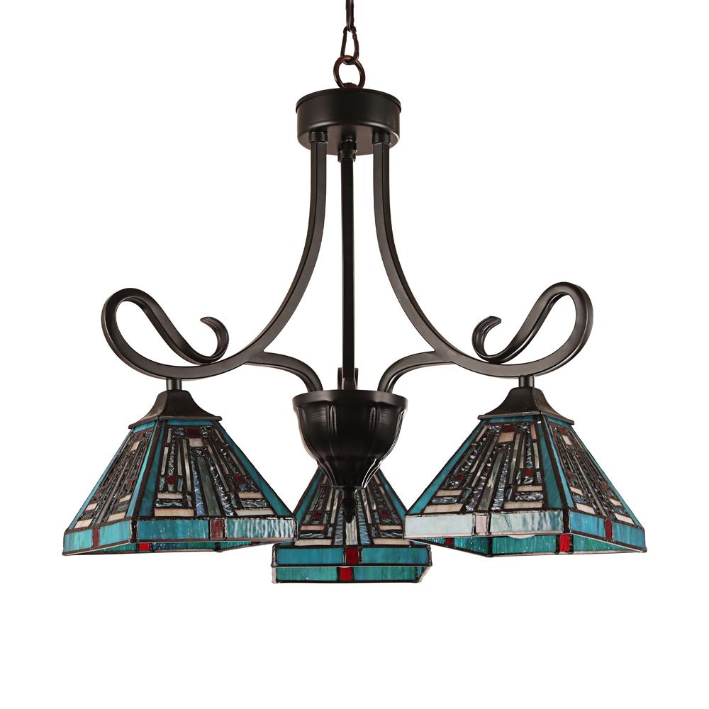 CHLOE Lighting INNES Mission Tiffany-style Blackish Bronze 3 Light Mini Chandelier 22" Wide. Picture 1