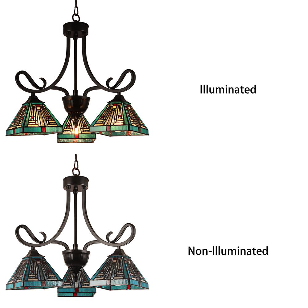 CHLOE Lighting INNES Mission Tiffany-style Blackish Bronze 3 Light Mini Chandelier 22" Wide. Picture 5