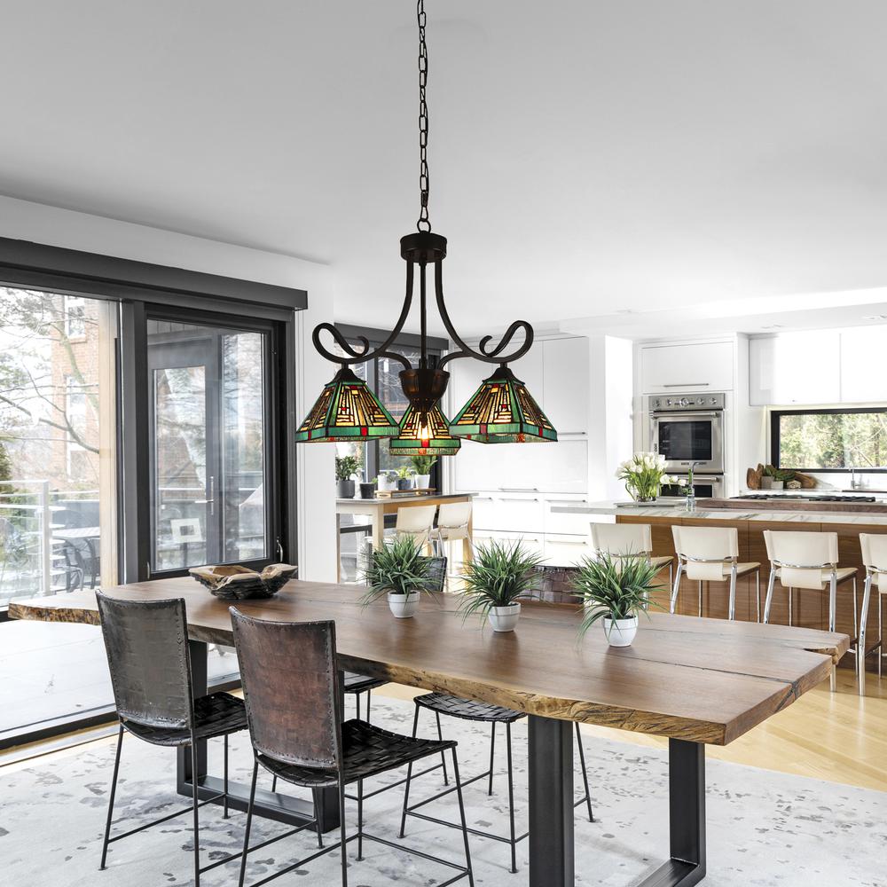 CHLOE Lighting INNES Mission Tiffany-style Blackish Bronze 3 Light Mini Chandelier 22" Wide. Picture 6