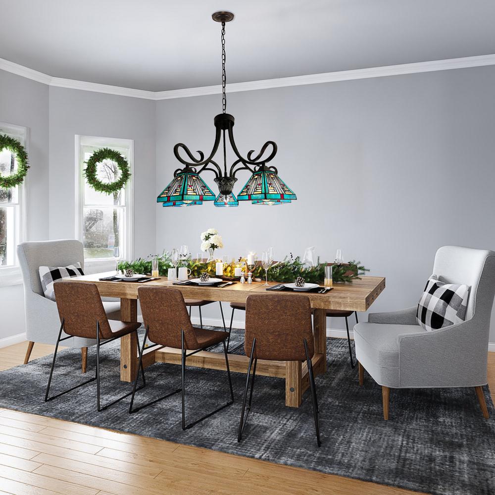 CHLOE Lighting INNES Mission Tiffany-Style Blackish Bronze 5 Light Large Chandelier 26" Wide. Picture 5