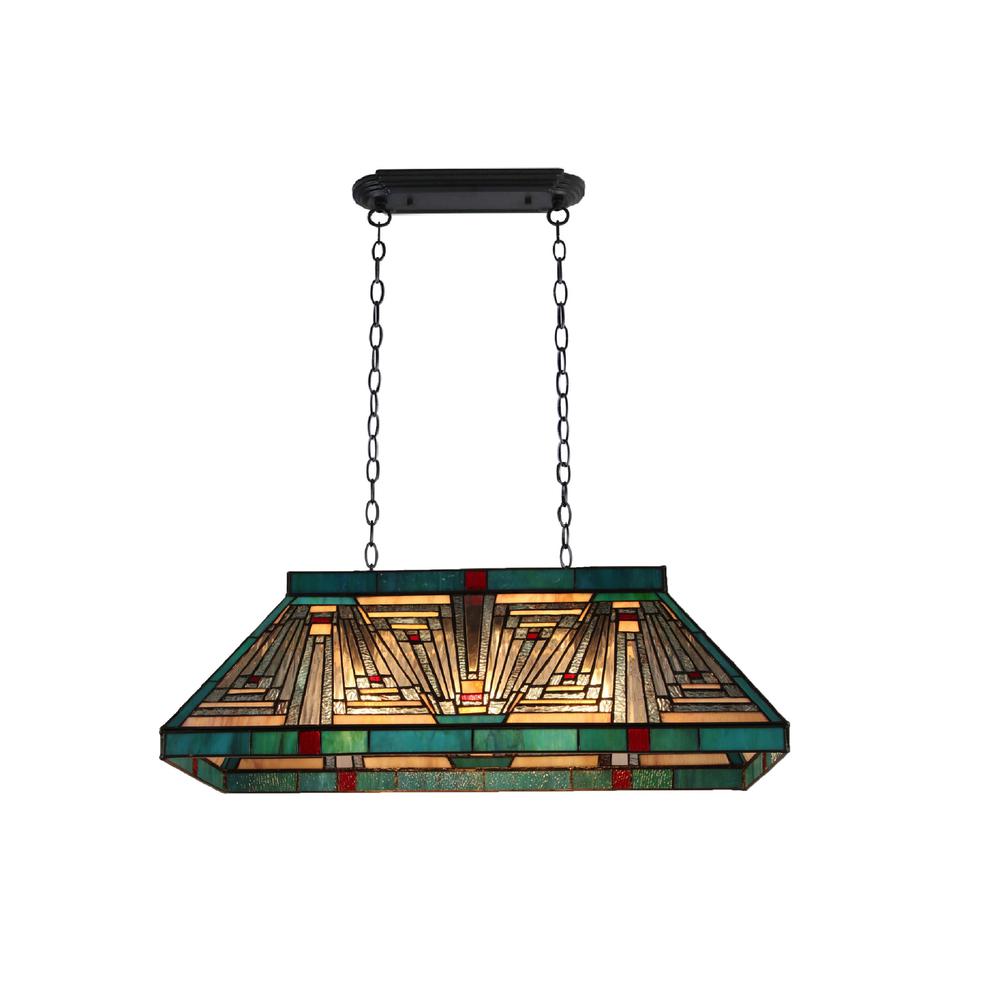 CHLOE Lighting INNES Mission Tiffany-Style Blackish Bronze 3 Light Island Pendant 28" Wide. Picture 1