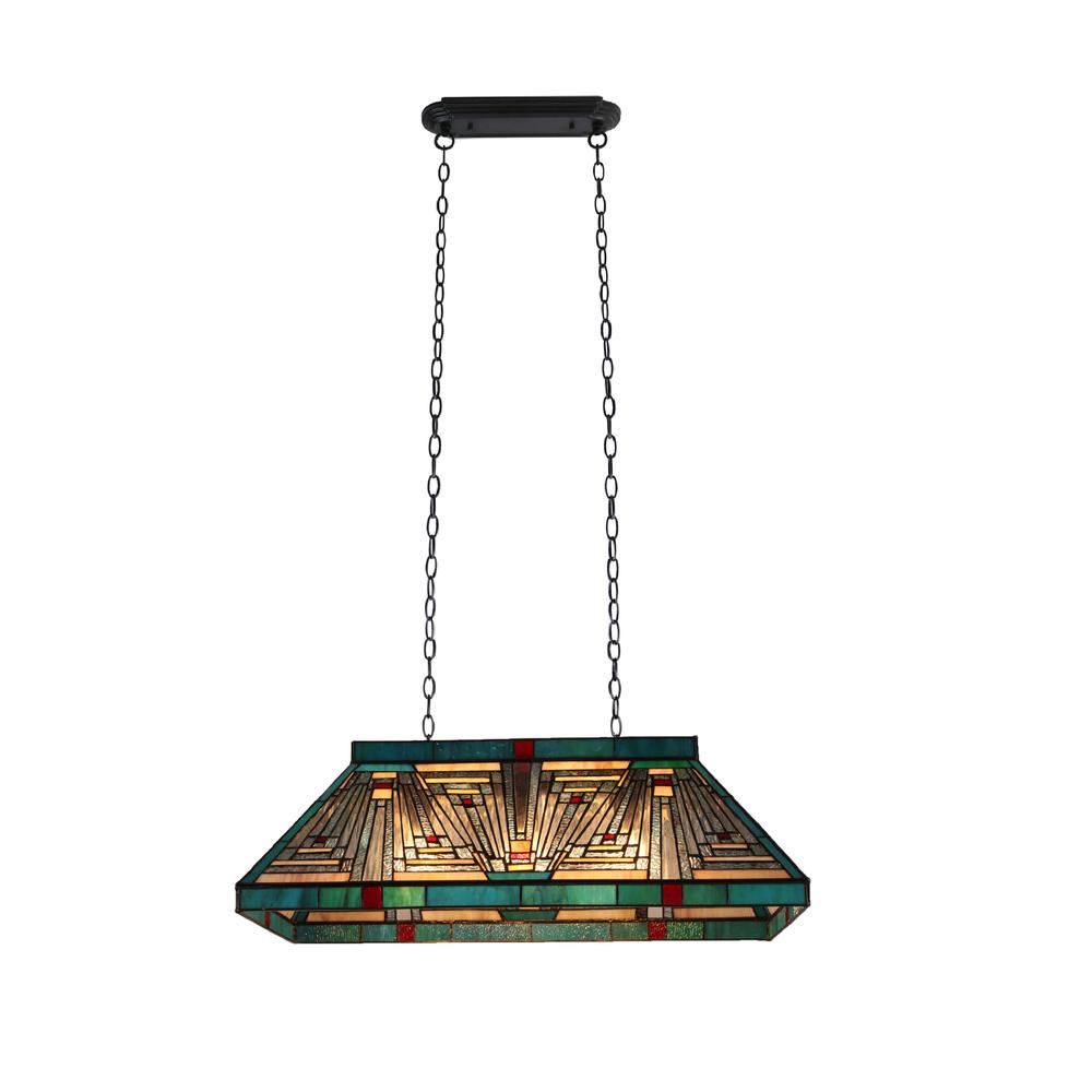 CHLOE Lighting INNES Mission Tiffany-Style Blackish Bronze 3 Light Island Pendant 28" Wide. Picture 4