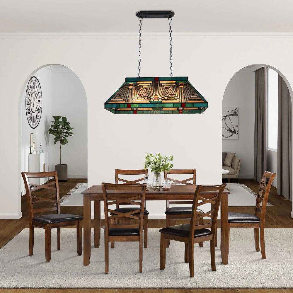 CHLOE Lighting INNES Mission Tiffany-Style Blackish Bronze 3 Light Island Pendant 28" Wide. Picture 6