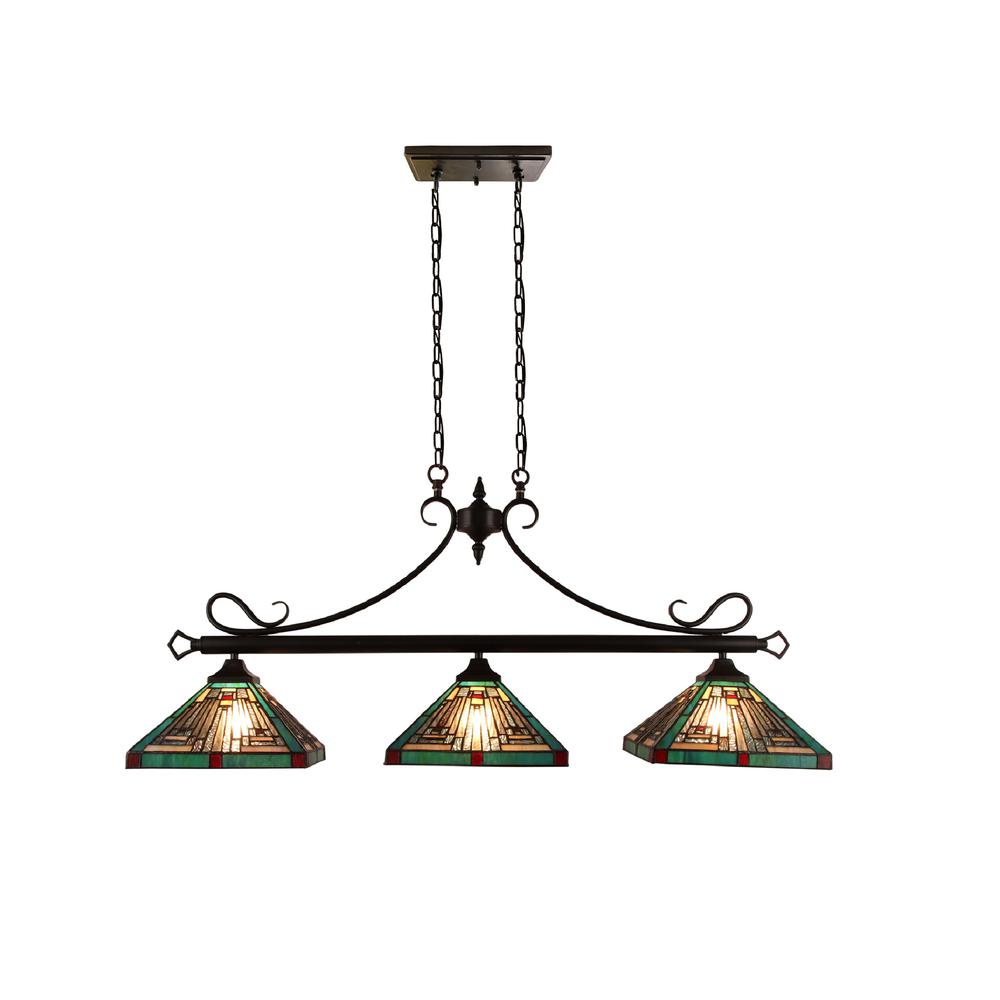 CHLOE Lighting INNES Mission Tiffany-Style Blackish Bronze 3 Light Island Pendant 47" Wide. Picture 1