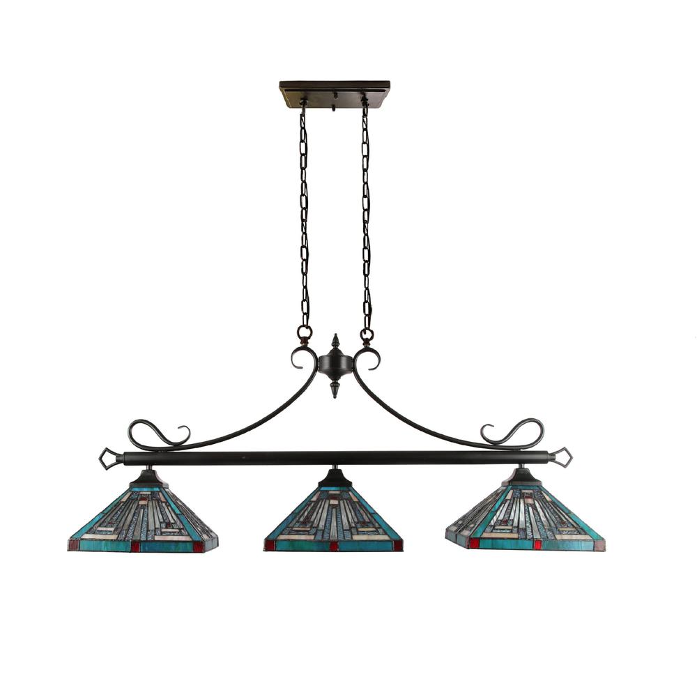 CHLOE Lighting INNES Mission Tiffany-Style Blackish Bronze 3 Light Island Pendant 47" Wide. Picture 2