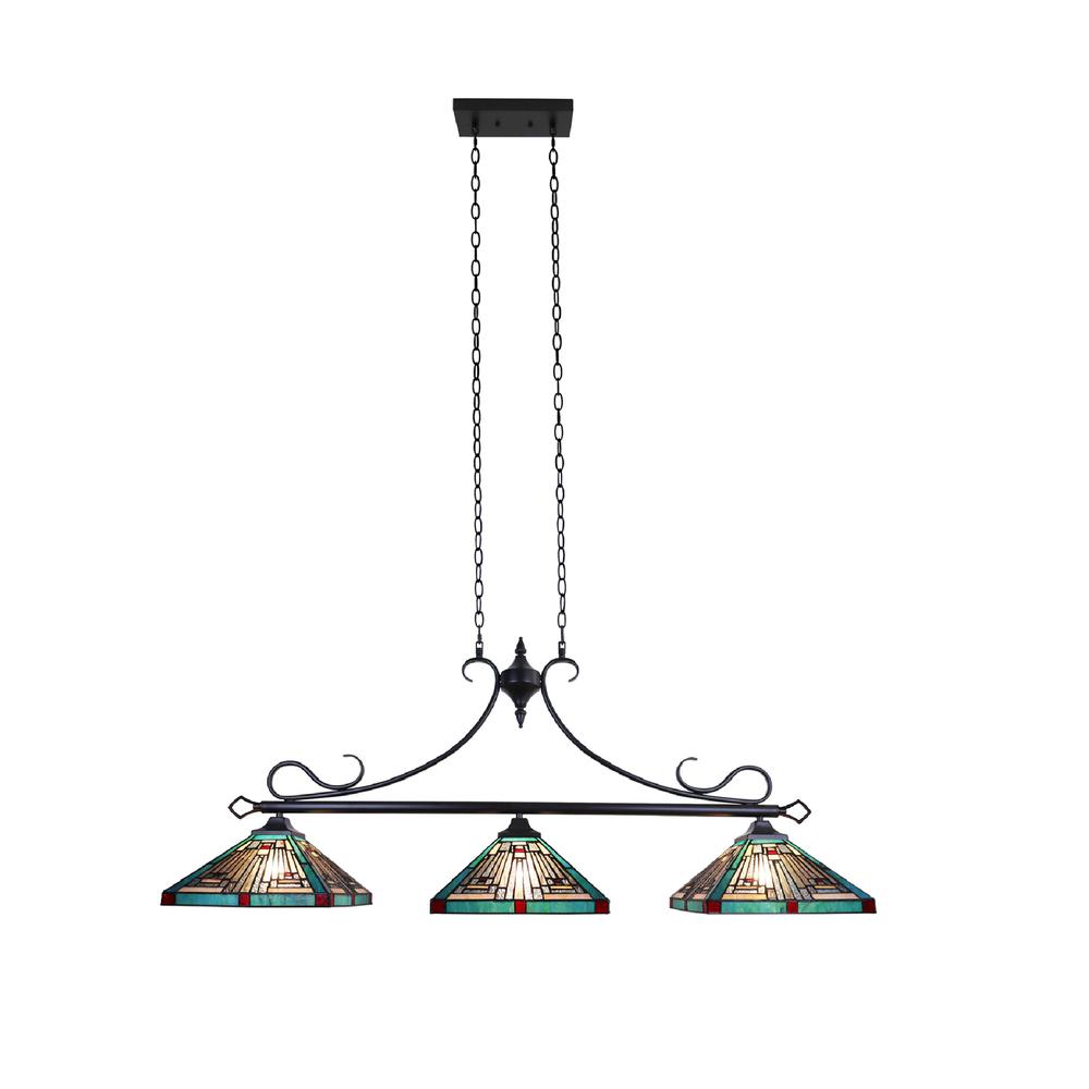 CHLOE Lighting INNES Mission Tiffany-Style Blackish Bronze 3 Light Island Pendant 47" Wide. Picture 3