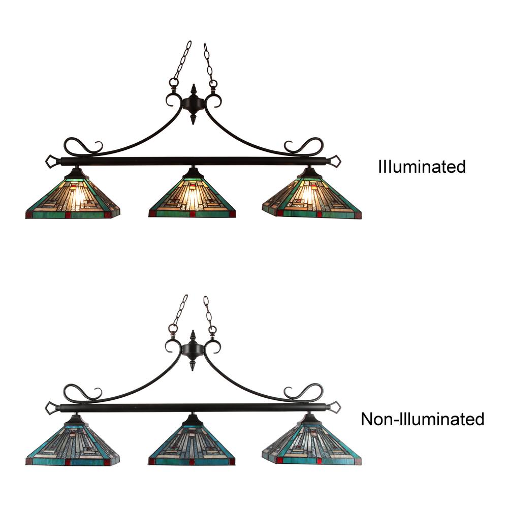 CHLOE Lighting INNES Mission Tiffany-Style Blackish Bronze 3 Light Island Pendant 47" Wide. Picture 7