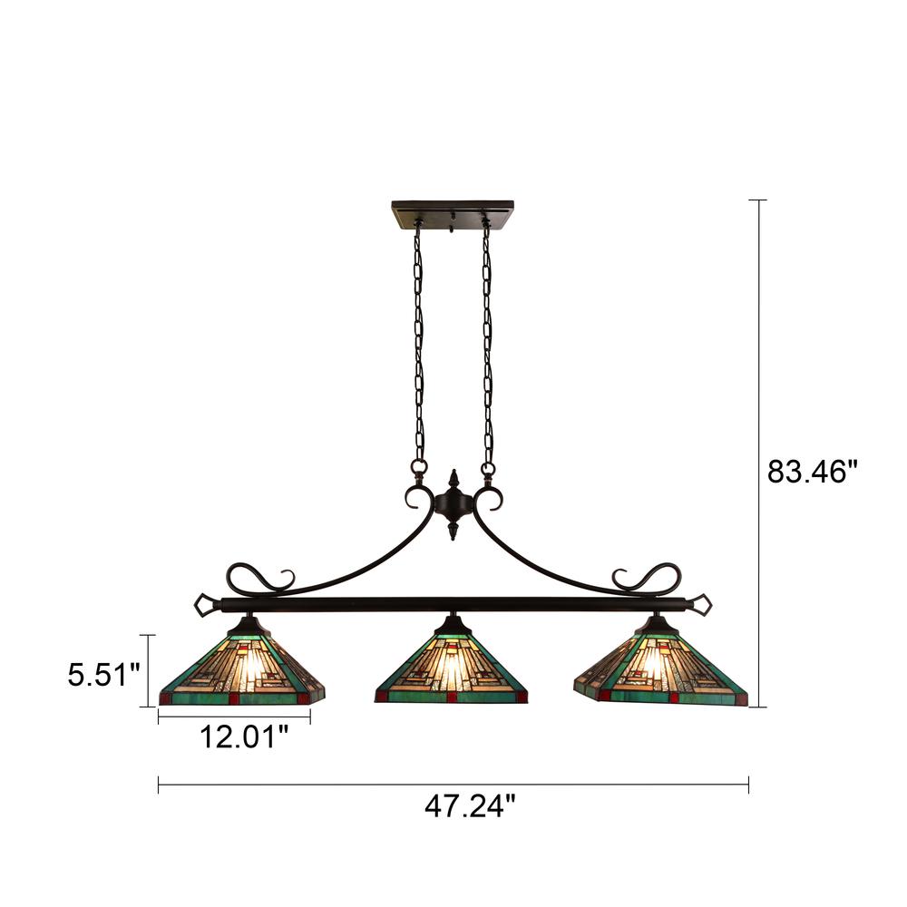 CHLOE Lighting INNES Mission Tiffany-Style Blackish Bronze 3 Light Island Pendant 47" Wide. Picture 9