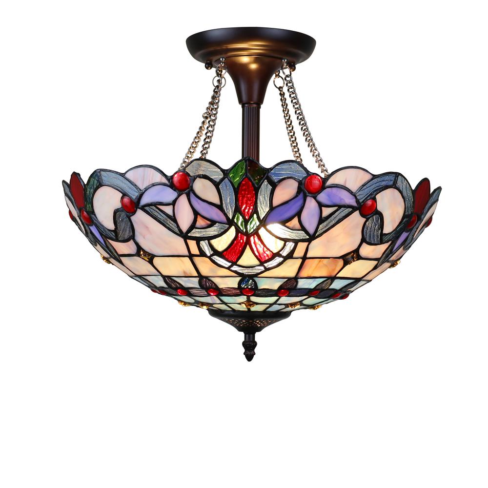 CHLOE Lighting GRENVILLE Victorian Tiffany-Style Dark Bronze 2 Light Semi-Flush Ceiling Fixture 16" Wide. Picture 1