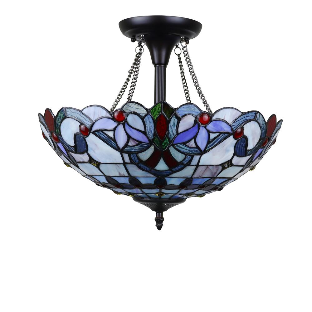 CHLOE Lighting GRENVILLE Victorian Tiffany-Style Dark Bronze 2 Light Semi-Flush Ceiling Fixture 16" Wide. Picture 2