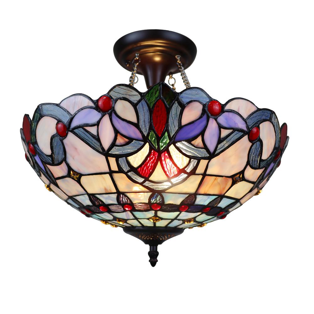 CHLOE Lighting GRENVILLE Victorian Tiffany-Style Dark Bronze 2 Light Semi-Flush Ceiling Fixture 16" Wide. Picture 3