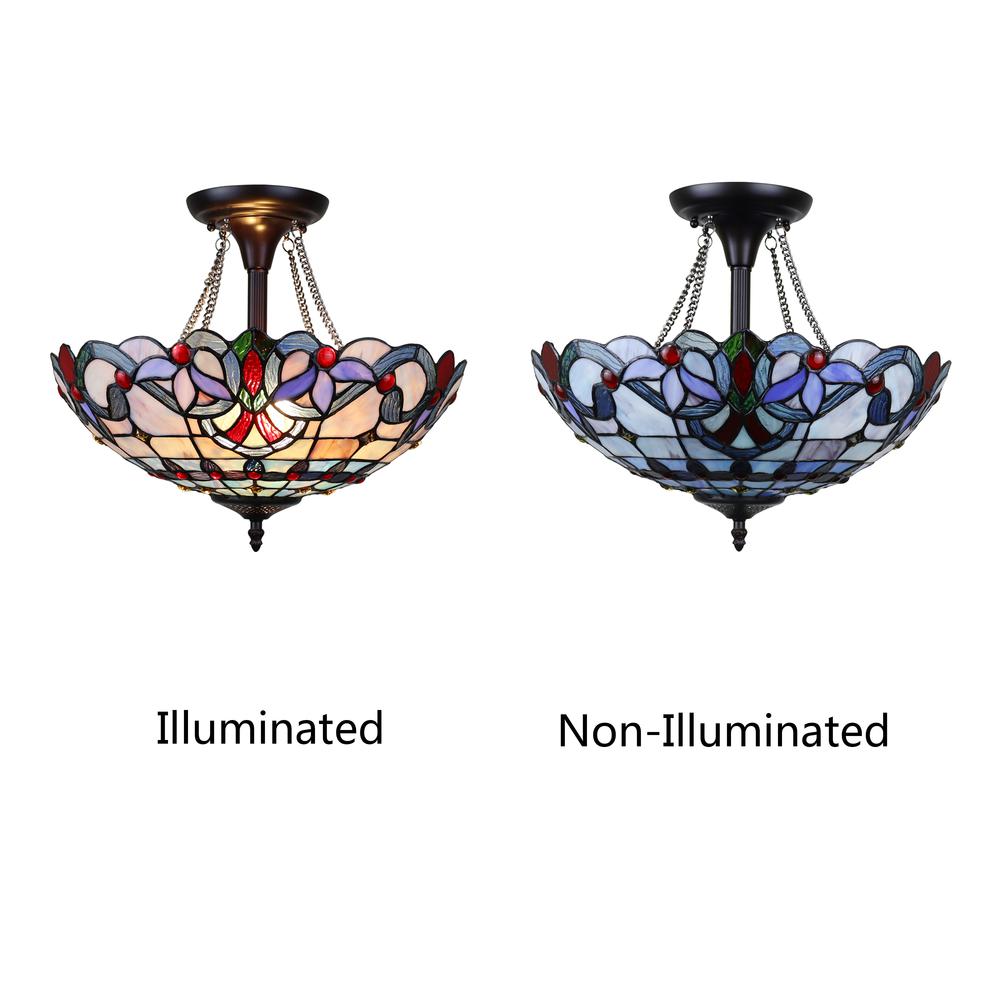 CHLOE Lighting GRENVILLE Victorian Tiffany-Style Dark Bronze 2 Light Semi-Flush Ceiling Fixture 16" Wide. Picture 6