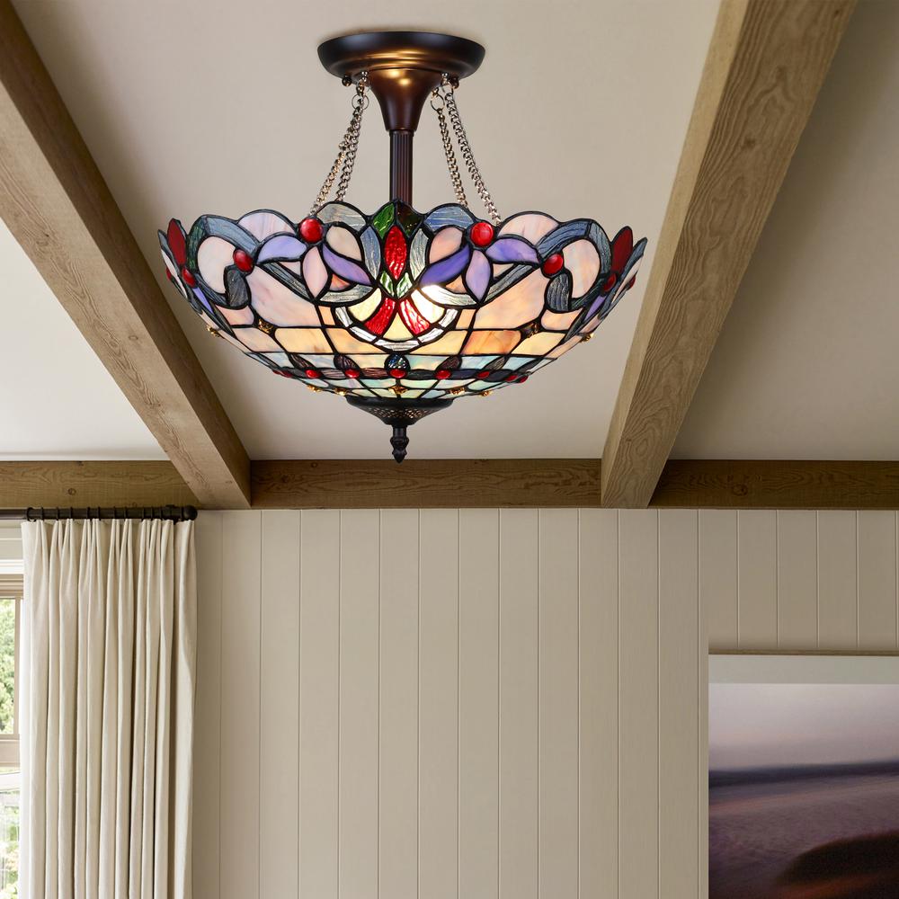 CHLOE Lighting GRENVILLE Victorian Tiffany-Style Dark Bronze 2 Light Semi-Flush Ceiling Fixture 16" Wide. Picture 8