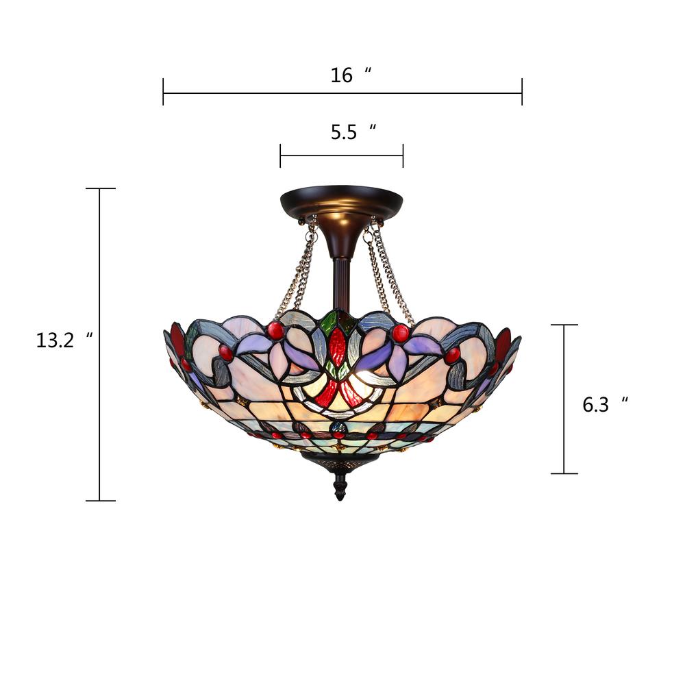 CHLOE Lighting GRENVILLE Victorian Tiffany-Style Dark Bronze 2 Light Semi-Flush Ceiling Fixture 16" Wide. Picture 7