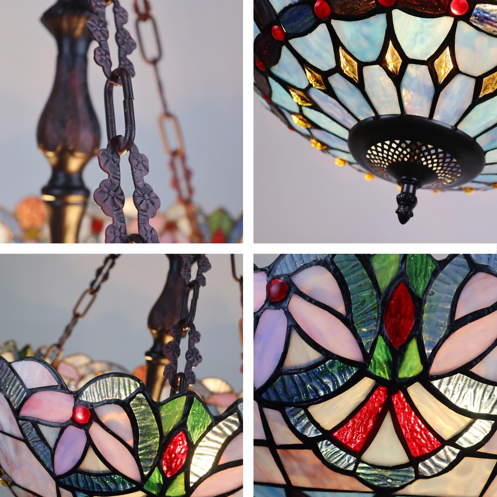 CHLOE Lighting GRENVILLE Victorian Tiffany-Style Dark Bronze 2 Light Inverted Ceiling Pendant 18" Wide. Picture 7