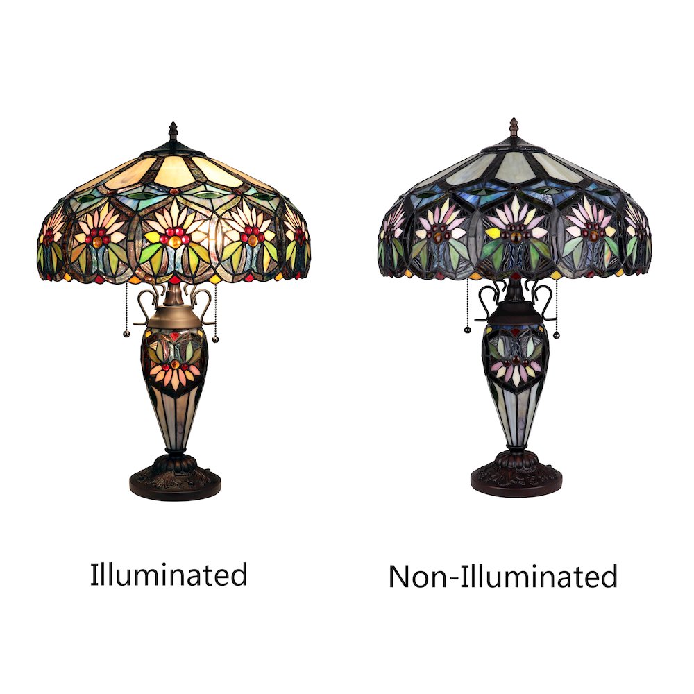 Sunny Tiffany-Style 3-Light Floral Double Lit Table Lamp 18" Shade. Picture 5