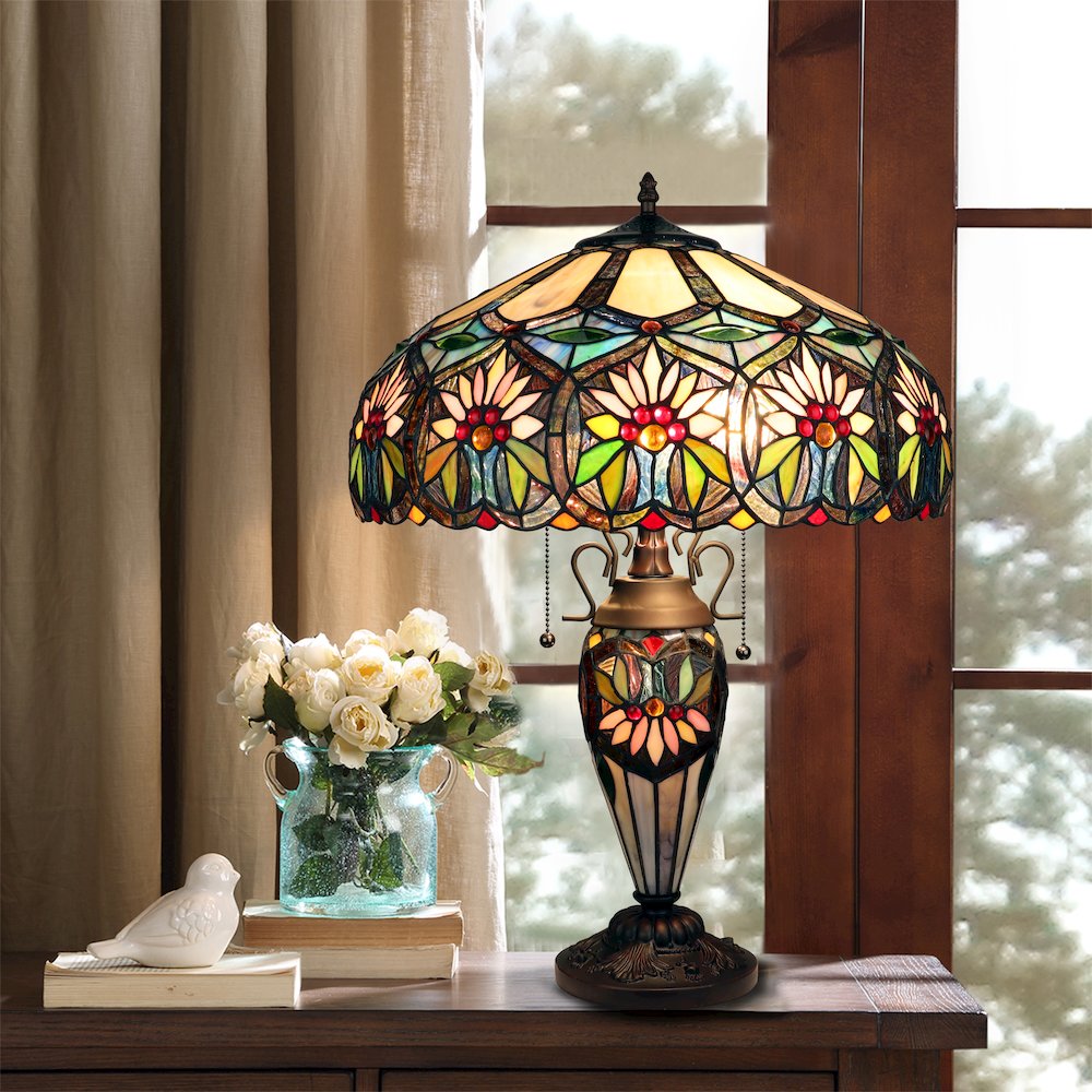 Sunny Tiffany-Style 3-Light Floral Double Lit Table Lamp 18" Shade. Picture 6