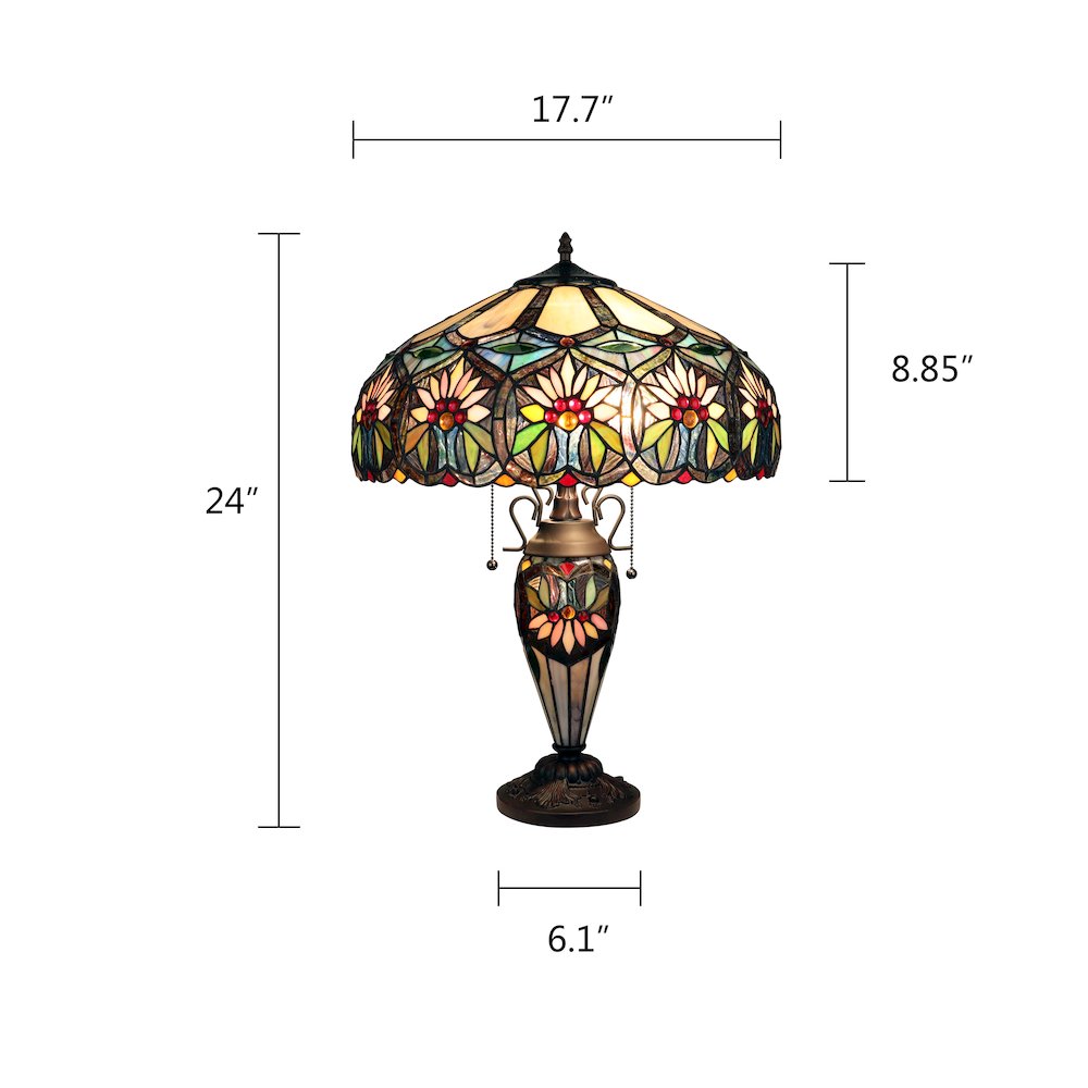 Sunny Tiffany-Style 3-Light Floral Double Lit Table Lamp 18" Shade. Picture 8