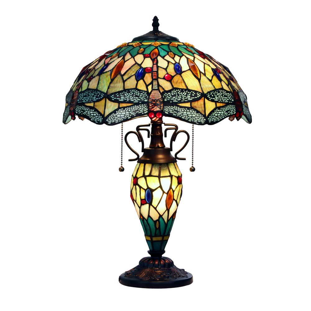 CHLOE Lighting EMPRESS Tiffany - style Dark Bronze 3 Light Double Lit Table Lamp 16" Shade. Picture 1