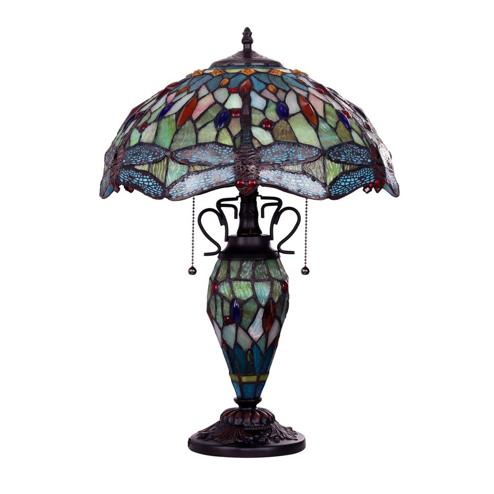 CHLOE Lighting EMPRESS Tiffany - style Dark Bronze 3 Light Double Lit Table Lamp 16" Shade. Picture 2