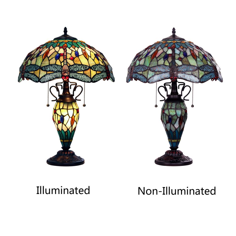 CHLOE Lighting EMPRESS Tiffany - style Dark Bronze 3 Light Double Lit Table Lamp 16" Shade. Picture 4