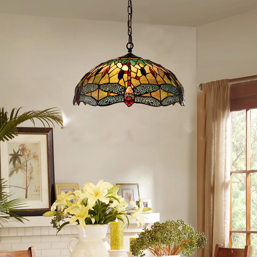 CHLOE Lighting EMPRESS Tiffany - style Blackish Bronze 3 Light Hanging Pendant 18" Wide. Picture 6