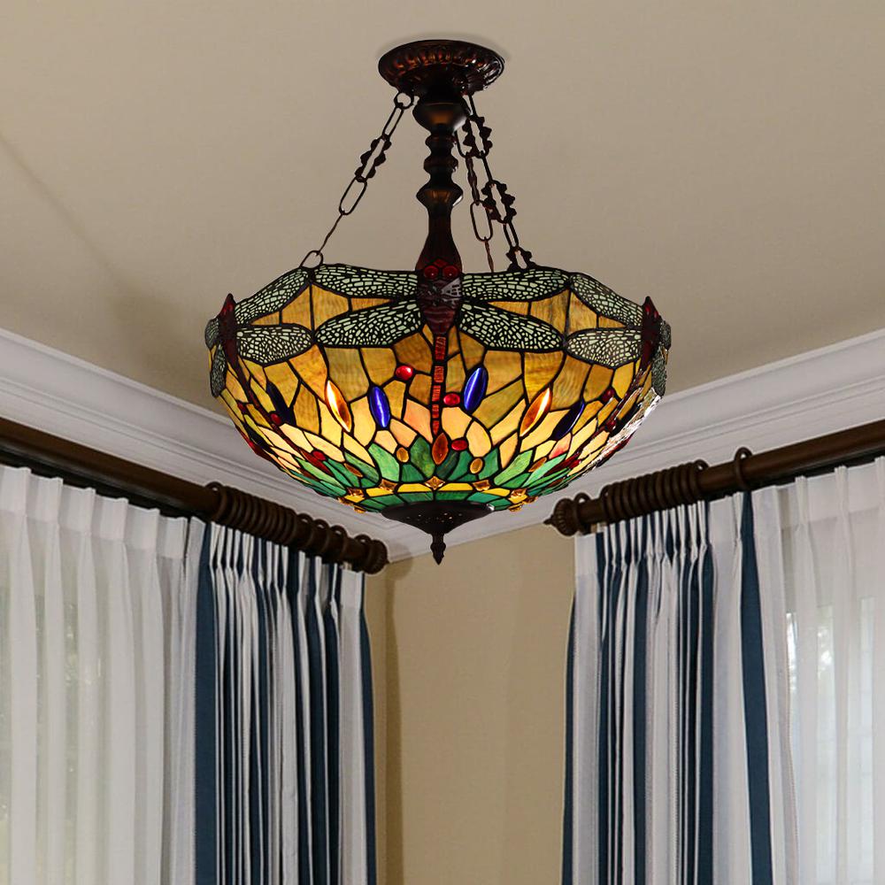 CHLOE-Lighting EMPRESS Tiffany-style Blackish Bronze 3 Light Hanging Pendant 18" Wide. Picture 2