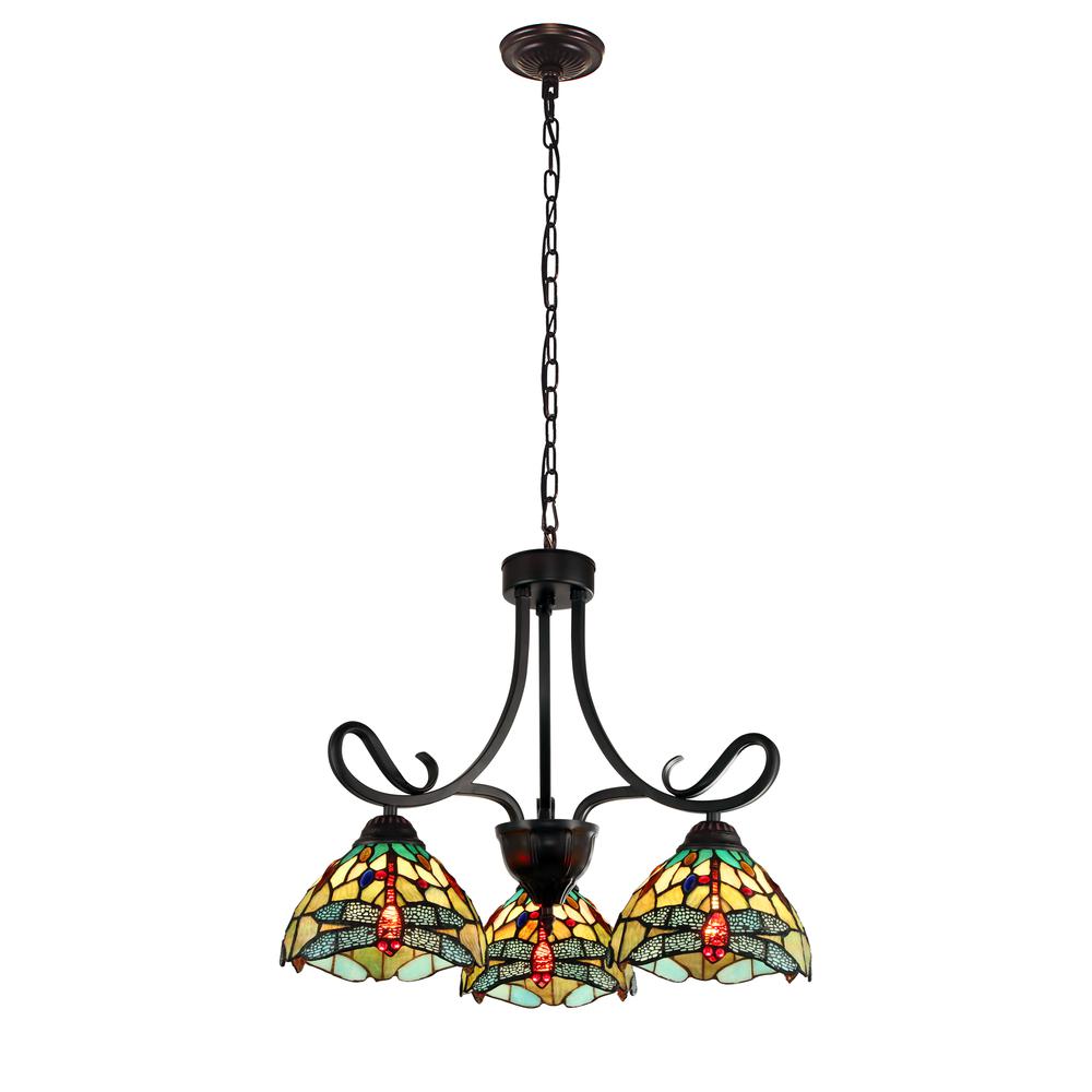 CHLOE Lighting EMPRESS Dragonfly Tiffany-style Dark Bronze 3 Light Mini Chandelier 24 " Wide. Picture 1