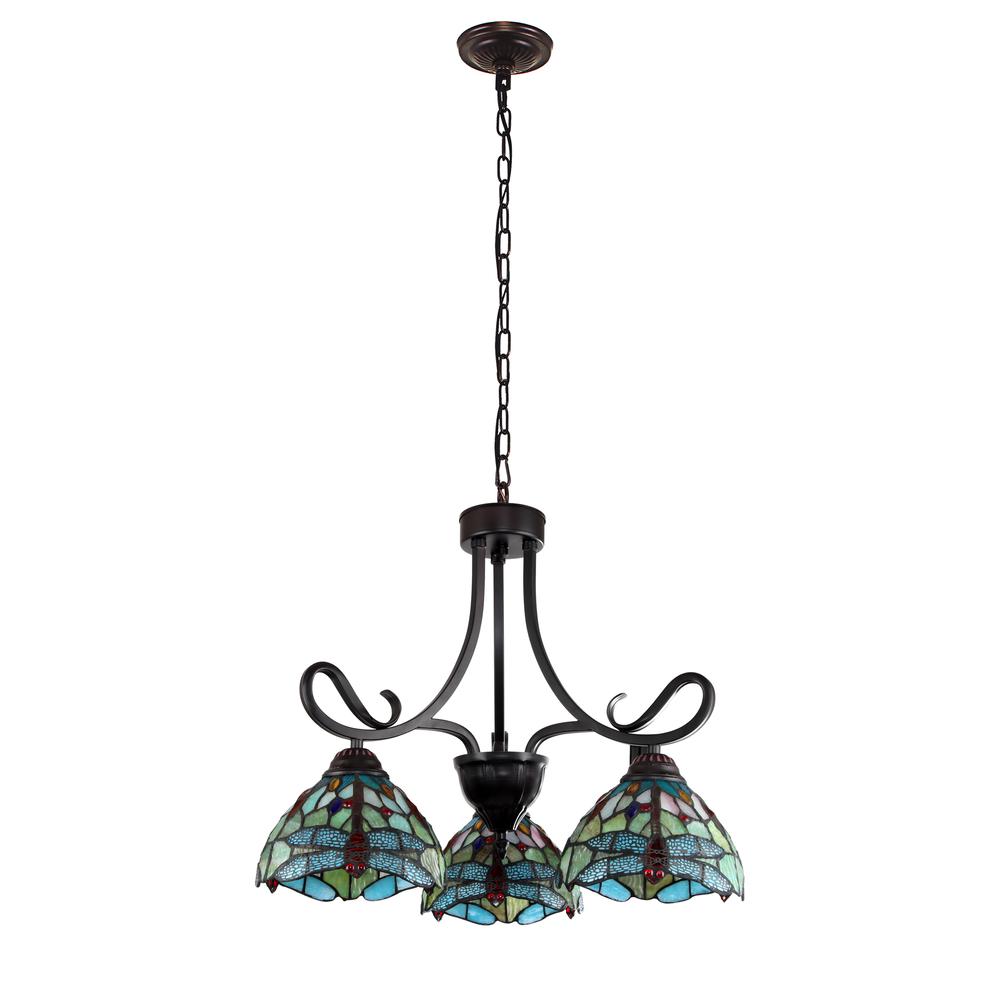 CHLOE Lighting EMPRESS Dragonfly Tiffany-style Dark Bronze 3 Light Mini Chandelier 24 " Wide. Picture 2