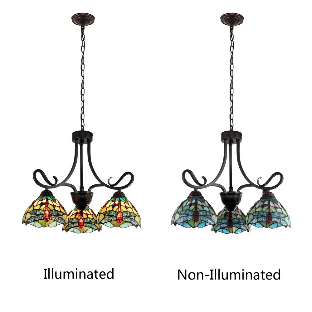 CHLOE Lighting EMPRESS Dragonfly Tiffany-style Dark Bronze 3 Light Mini Chandelier 24 " Wide. Picture 3