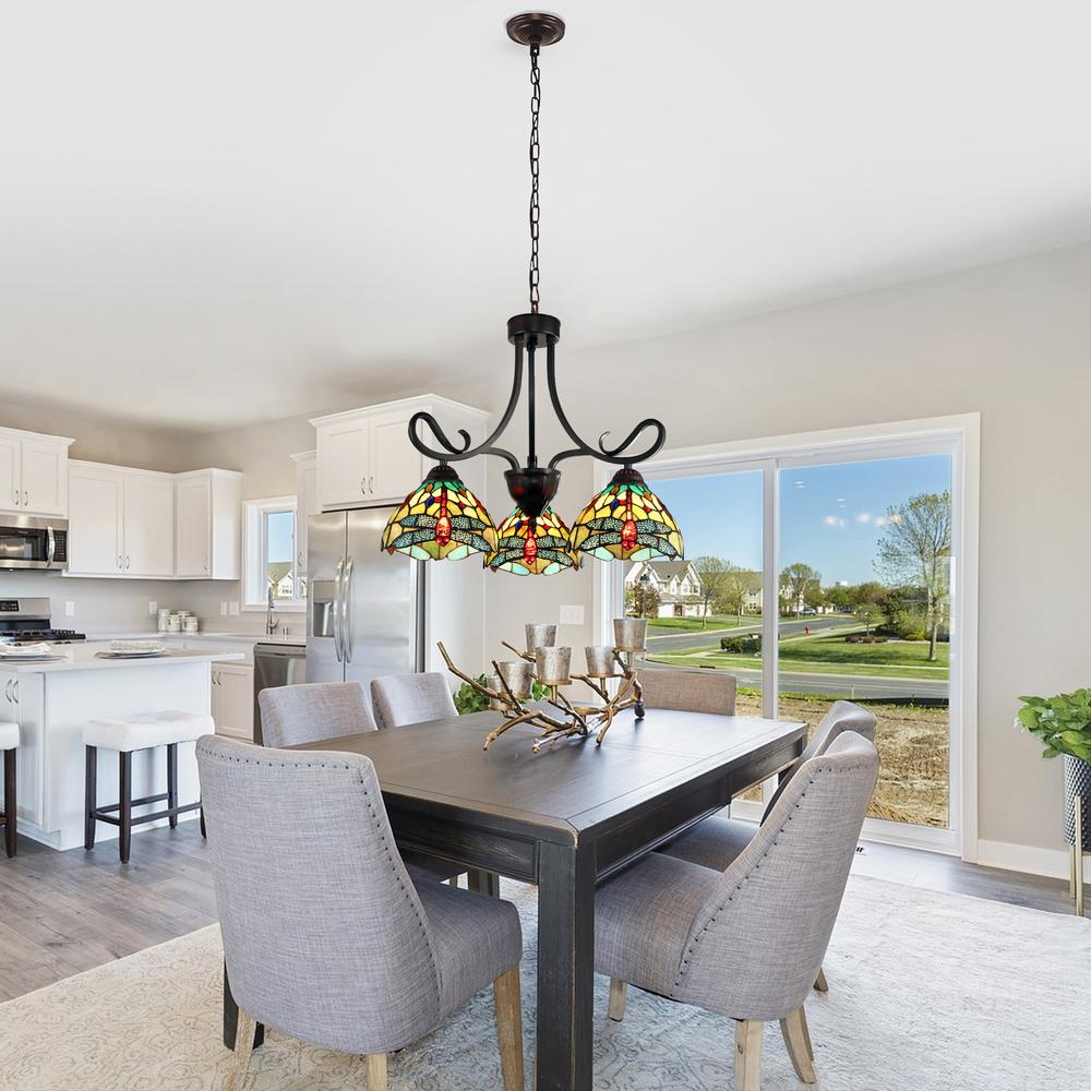 CHLOE Lighting EMPRESS Dragonfly Tiffany-style Dark Bronze 3 Light Mini Chandelier 24 " Wide. Picture 4