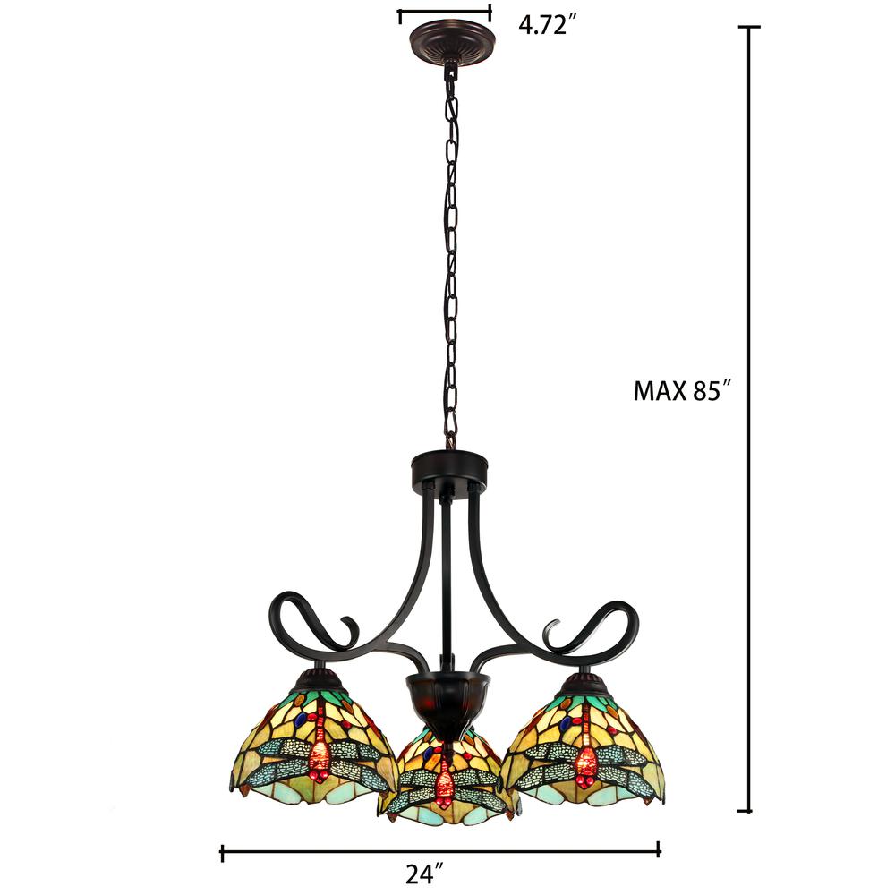 CHLOE Lighting EMPRESS Dragonfly Tiffany-style Dark Bronze 3 Light Mini Chandelier 24 " Wide. Picture 6