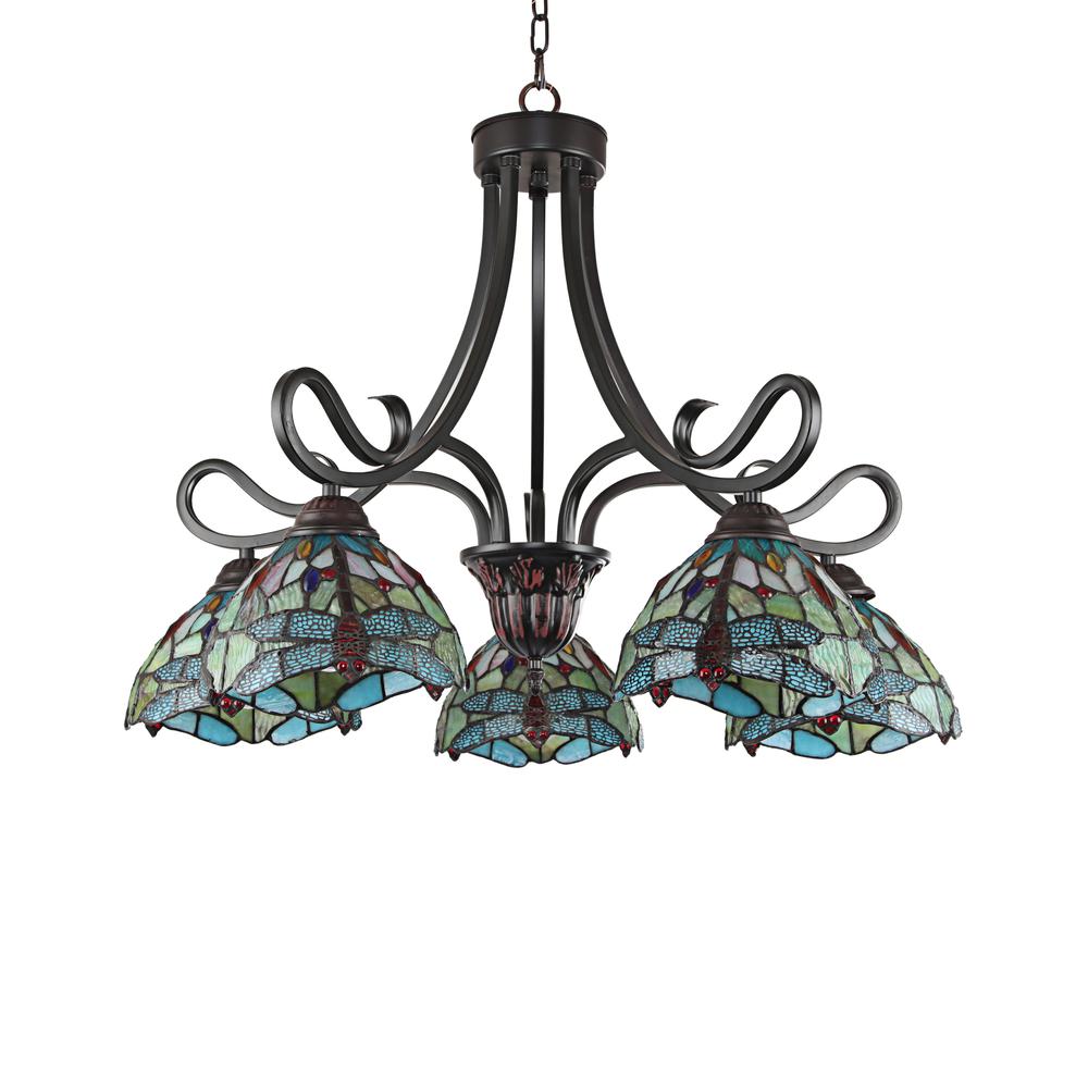 CHLOE Lighting EMPRESS Dragonfly Tiffany-style Dark Bronze 5 Light Large Chandelier 27 " Wide. Picture 2